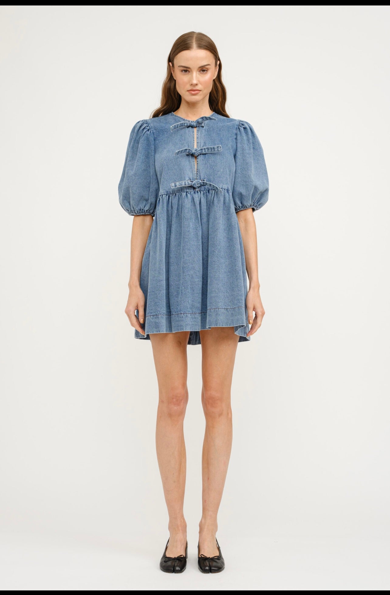 DENIM MINI BABYDOLL DRESS WITH FRONT TIES Delilah Jeans Boutique DENIM MINI BABYDOLL DRESS WITH FRONT TIES Delilah Jeans Boutique
