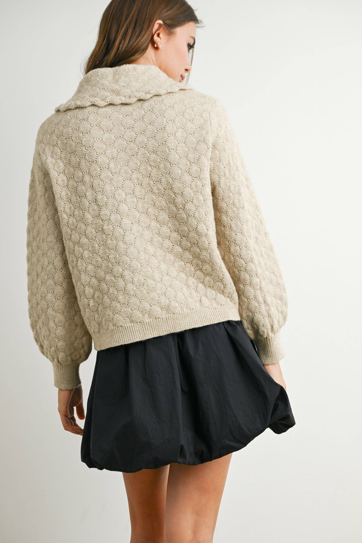 Button-Up Bow Front Collared Long Sleeve Top - BMC7776