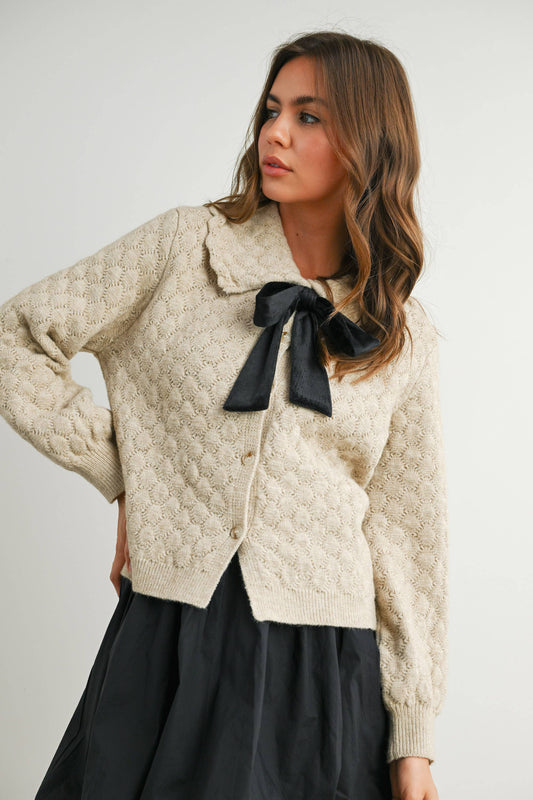 Button-Up Bow Front Collared Long Sleeve Top - BMC7776