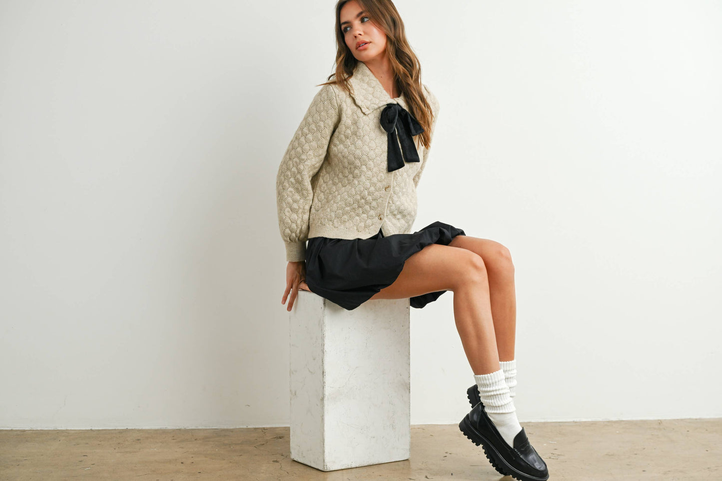 Button-Up Bow Front Collared Long Sleeve Top - BMC7776