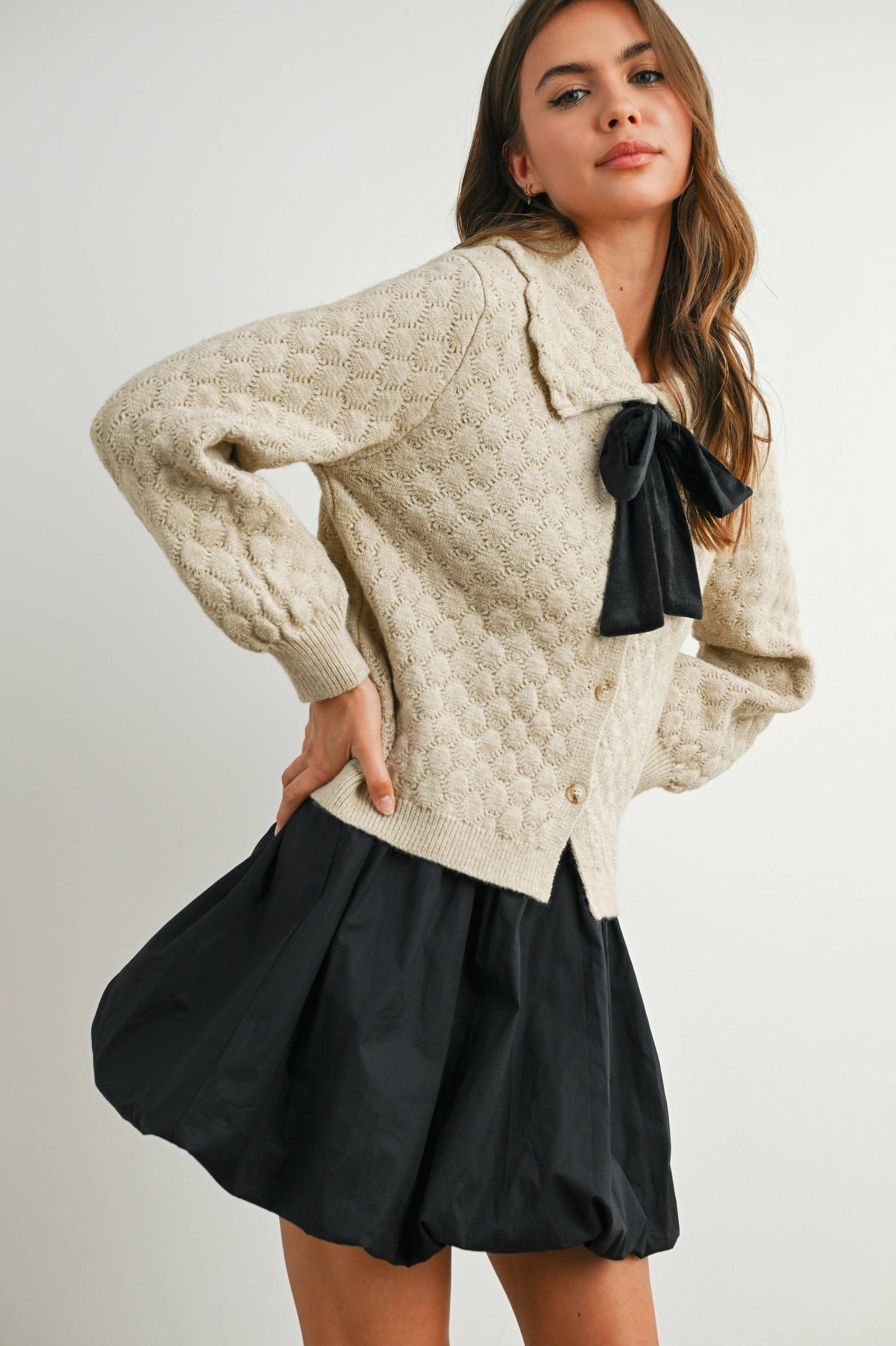 Button-Up Bow Front Collared Long Sleeve Top - BMC7776