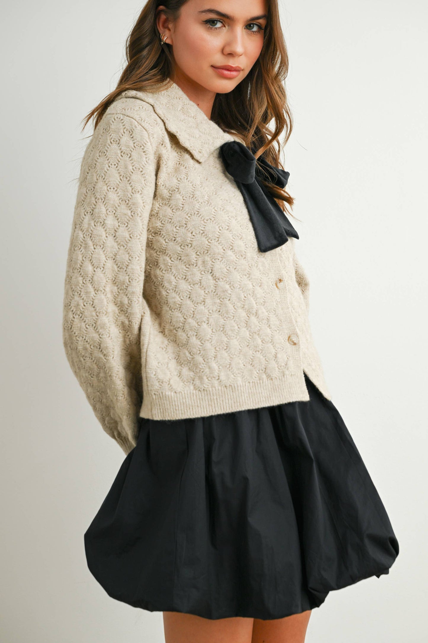 Button-Up Bow Front Collared Long Sleeve Top - BMC7776