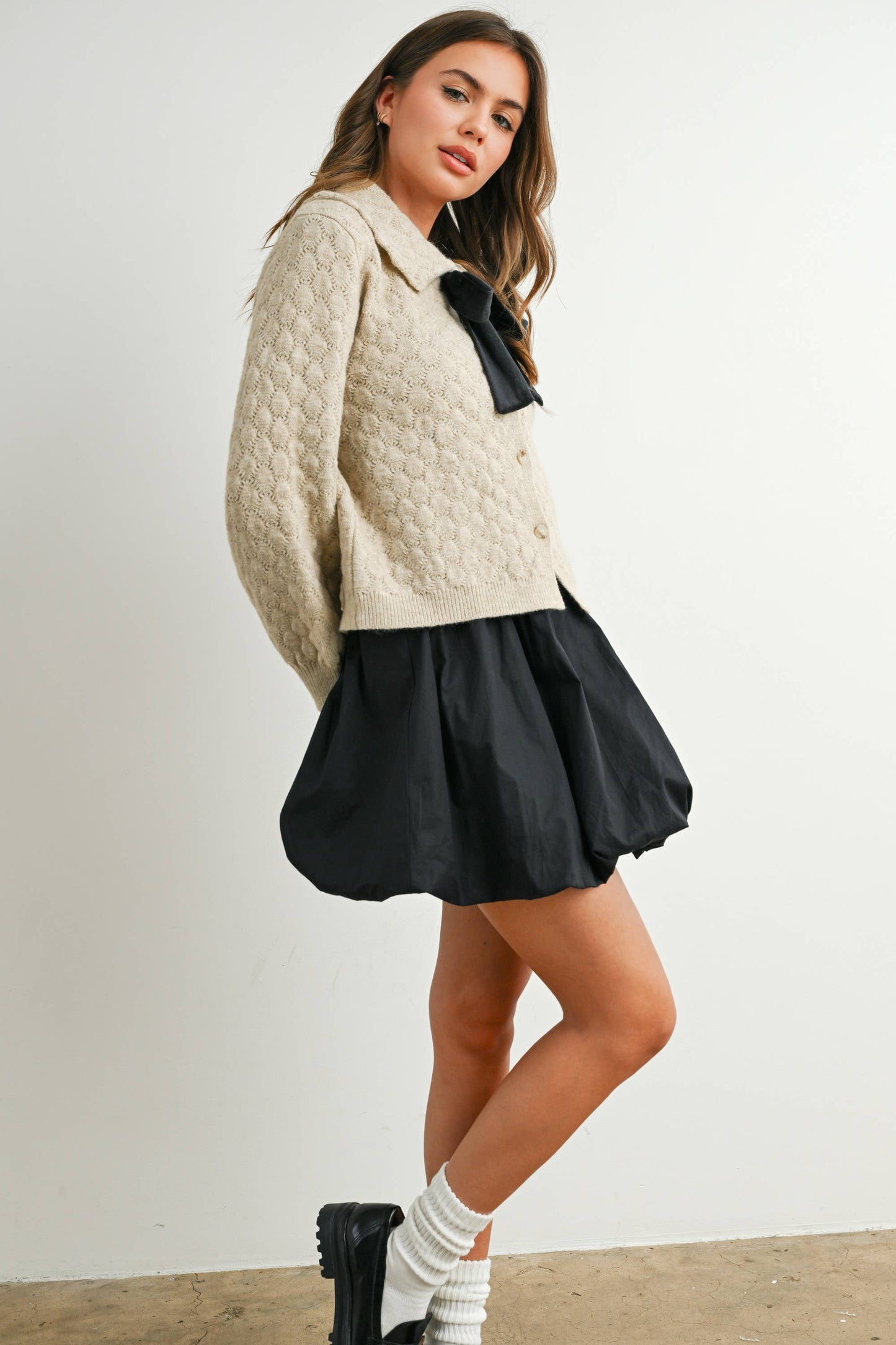 Button-Up Bow Front Collared Long Sleeve Top - BMC7776