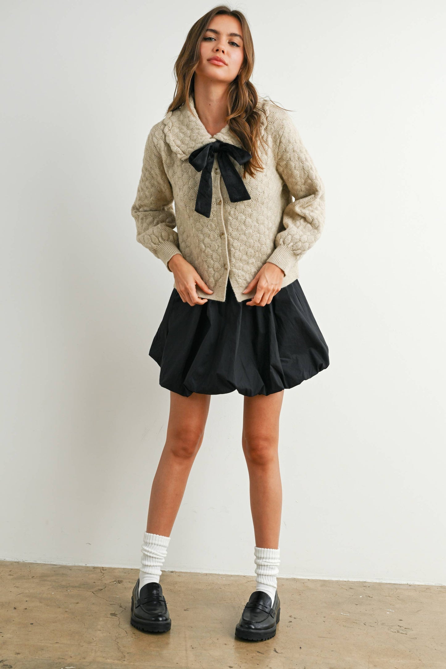 Button-Up Bow Front Collared Long Sleeve Top - BMC7776