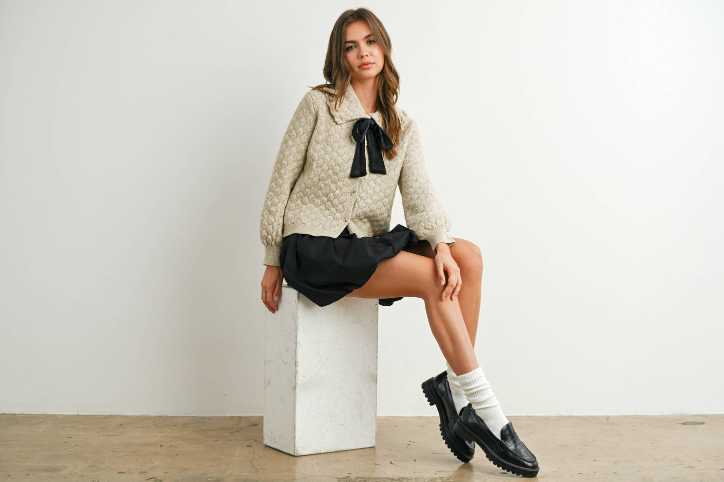 Button-Up Bow Front Collared Long Sleeve Top - BMC7776