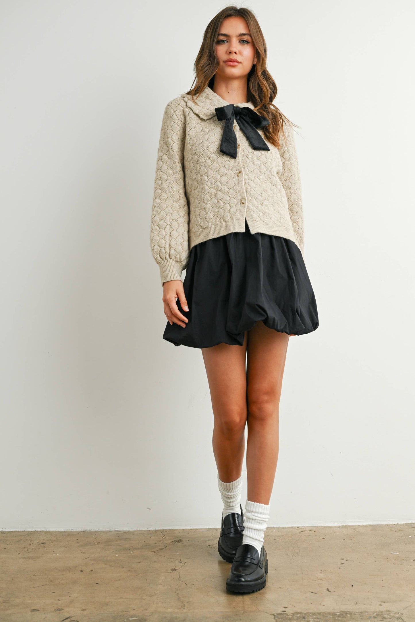 Button-Up Bow Front Collared Long Sleeve Top - BMC7776